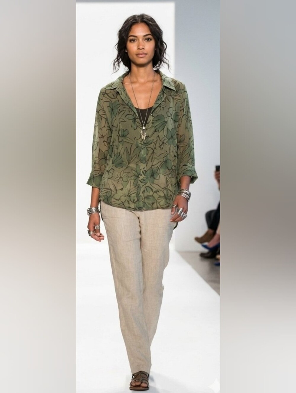 Cut Loose Green Linen Floral Button-Up Women's Top